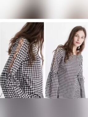 Madewell Long Bell Sleeve  Lace Up Gingham Shirt sz Large Black and White